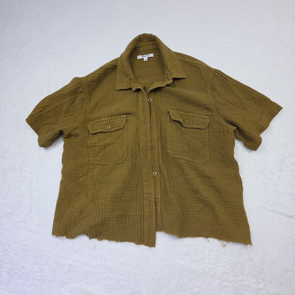 Madewell Mustard Gauze Button Front Shirt Womens Small Raw Hem Short Sleeve